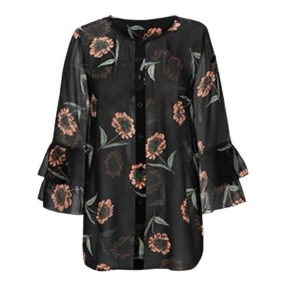 CAbi La Di Da Black Sunflower Floral Sheer Blouse Top Style 5206 Women Size XS - Picture 2 of 10